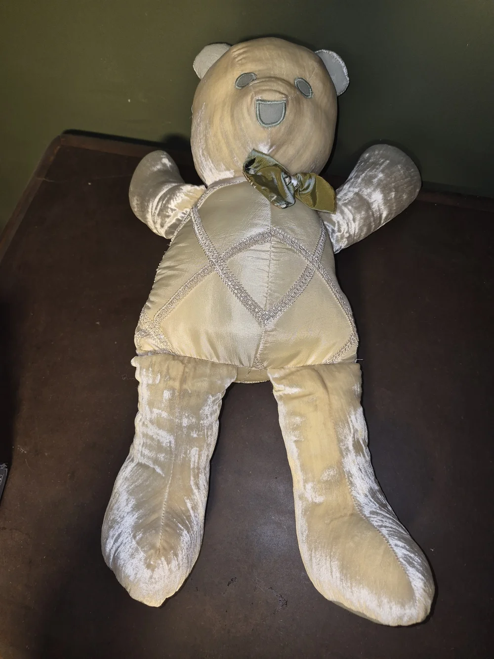 Vintage Green Frog Art Co. 22-Inch Golden Crushed Velvet & Satin Teddy Bear